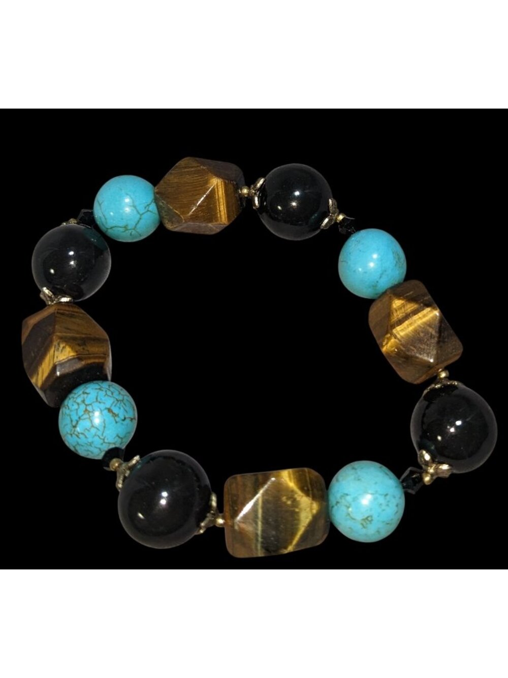 Tigers Eye Turquoise & Onyx Beaded Stretch Bracelet 6.5 Inches Statement